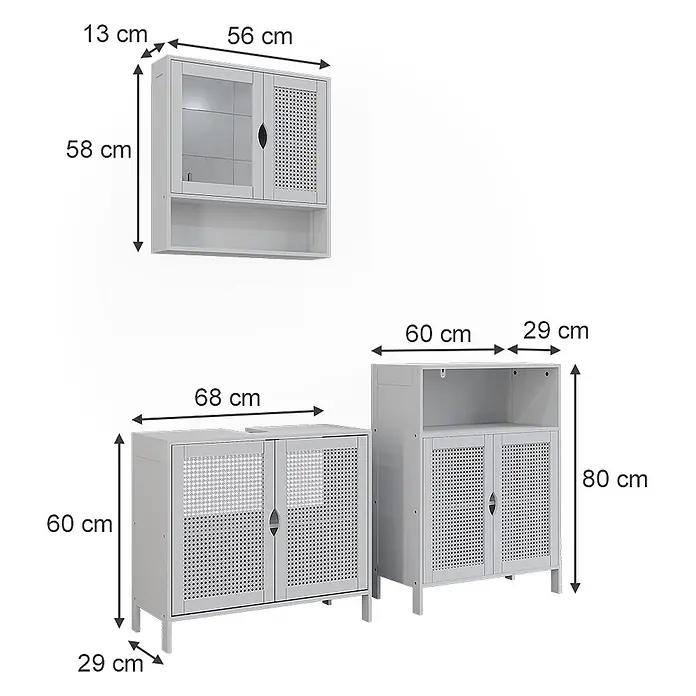 Vicco Badmöbel-Set - Weiß, Sonstiges - Drei weiße Schränke mit perforierten Türen und Regalen, inklusive Maßen.