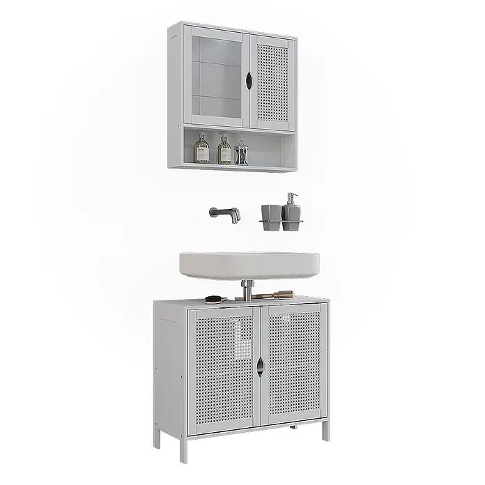 Vicco Badmöbel-Set - Weiß, Sonstiges - Helles grau Badezimmermöbel-Set mit gewebten Türen, Wandschrank mit Glas und gewebter Tür, und Keramikwaschbecken.