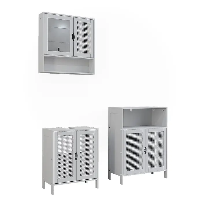 Vicco Badmöbel-Set - Weiß, Sonstiges - Set hellgrauer Holz-Badezimmerschränke: Wand-, Waschbecken- und Bodenschrank mit Rattan-Effekt-Türen.