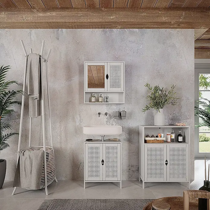 Vicco Badmöbel-Set - Weiß, Sonstiges - Weißes Badmöbel-Set mit perforierten Türen und Spiegelschrank, bietet funktionalen Stauraum.