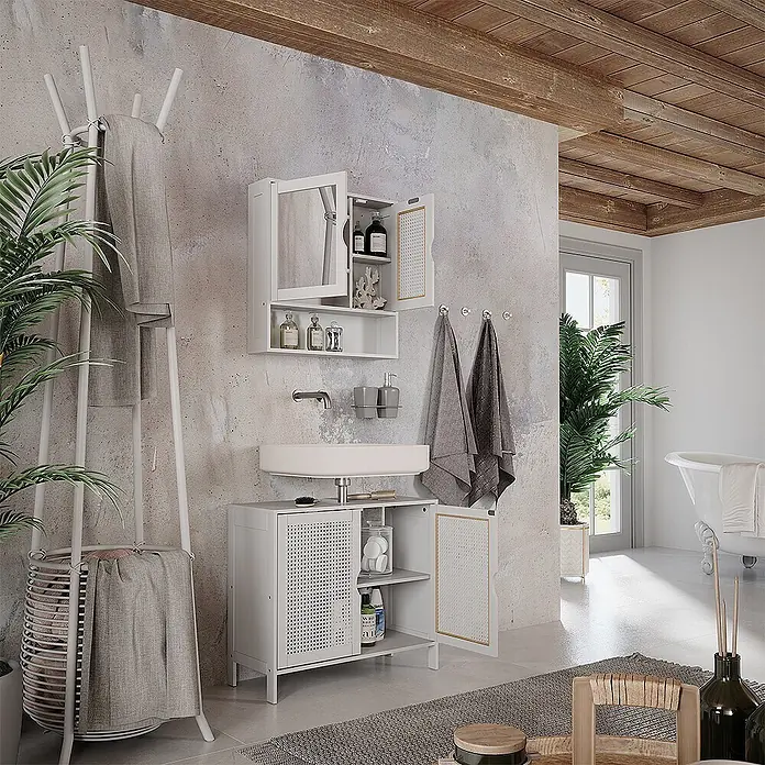 Vicco Badmöbel-Set - Weiß, Sonstiges - Weißer Badwaschtischunterschrank mit Waschbecken und passendem Spiegelschrank, mit Lochtüren, bietet stilvollen Stauraum im Bad.