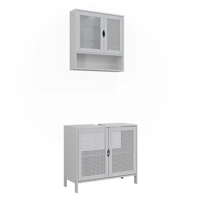 Vicco Badmöbel-Set - Weiß, Sonstiges - Zwei graue Badschränke: ein Wandschrank mit Glas- und Rattantüren und ein stehender Waschtischunterschrank mit Rattantüren.
