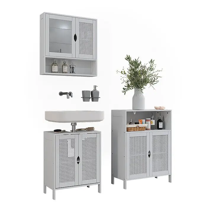 Vicco Badmöbel-Set - Weiß, Sonstiges - Helles Badezimmermöbel-Set in Grau, bestehend aus Wandschrank mit Glas- und Lochtüren, Waschbeckenschrank und Bodenschrank mit Lochtüren.