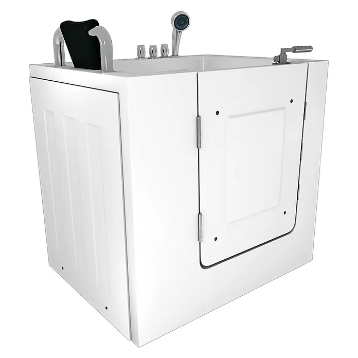 AcquaVapore Badewanne Fertigdusche S02-TH-C-L - 100 x 78 cm, Acryl, Weiß - Weiße barrierefreie Badewanne mit schwarzer Kopfstütze und silbernen Armaturen.