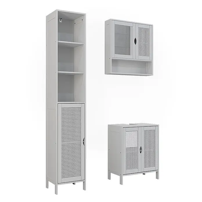 Vicco Badmöbel-Set - Weiß, Sonstiges - Hellgraues Badmöbel-Set: Hochschrank, Wandschrank mit Glas- & Lochtüren und Waschtischunterschrank.