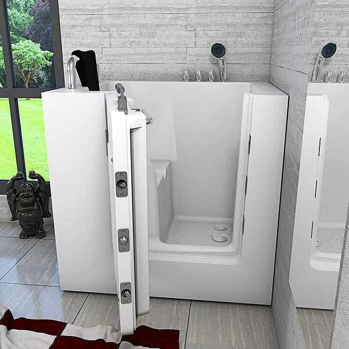 AcquaVapore Badewanne Fertigdusche S02-TH-C-L - 100 x 78 cm, Acryl, Weiß - Weiße begehbare Badewanne mit offener Tür in einem Badezimmer. Für Barrierefreiheit konzipiert.