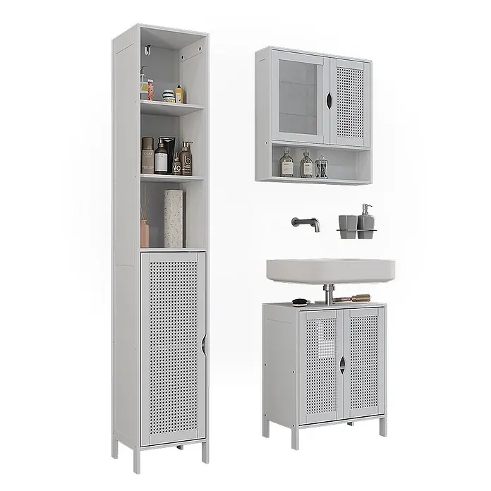 Vicco Badmöbel-Set - Weiß, Sonstiges - Hellgraues Badezimmermöbel-Set mit perforierten Türen, bestehend aus Hochschrank, Wandschrank und Waschtischunterschrank mit Waschbecken.
