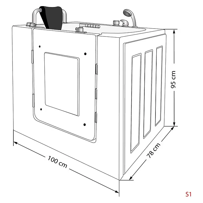 AcquaVapore Badewanne Fertigdusche S02-C-L - 100 x 78 cm, Acryl, Weiß - Weiße, begehbare Badewanne mit integriertem schwarzen Sitz, Haltegriff, Armatur und Handbrause. Seitliche Einstiegstür.