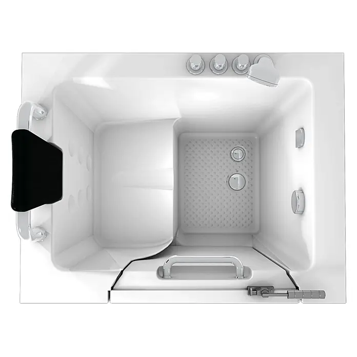 AcquaVapore Badewanne Fertigdusche S02-TH-C-L - 100 x 78 cm, Acryl, Weiß - Blick von oben auf eine weiße begehbare Badewanne mit schwarzem Sitz, Chromarmaturen, Haltegriffen und rutschfestem Boden für barrierefreies Baden.