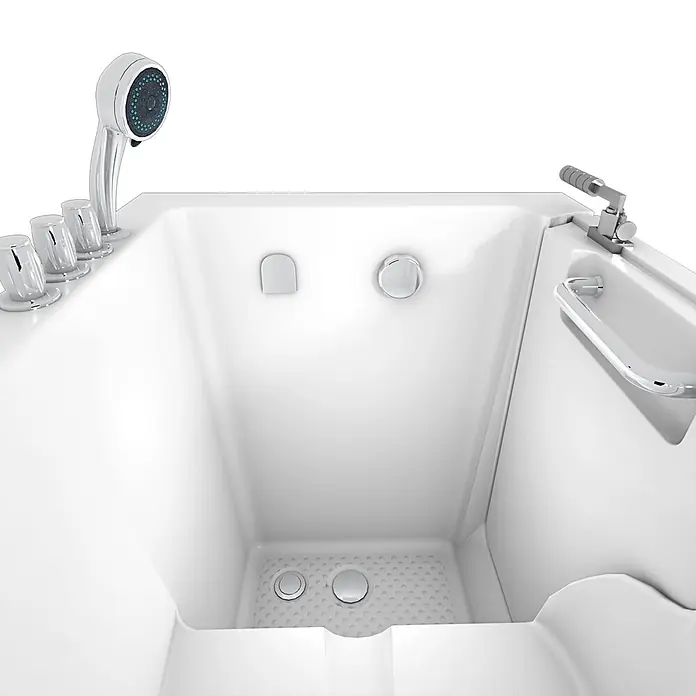 AcquaVapore Badewanne Fertigdusche S02-TH-C-L - 100 x 78 cm, Acryl, Weiß - Weiße begehbare Badewanne mit Chromarmaturen, Handbrause, Bedienknöpfen, Haltegriff und strukturiertem Boden mit Abflüssen.