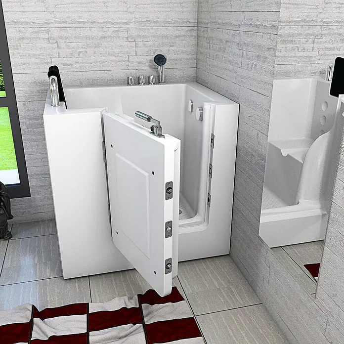 AcquaVapore Badewanne Fertigdusche S02-TH-C-L - 100 x 78 cm, Acryl, Weiß - Weiße begehbare Badewanne mit offener Tür für einfachen Zugang, ausgestattet mit Duschkopf und Haltegriff.