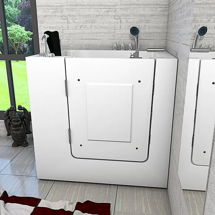 AcquaVapore Badewanne Fertigdusche S02-TH-C-L - 100 x 78 cm, Acryl, Weiß - Weiße begehbare Badewanne mit Seitentür, Chromarmaturen und Handbrause in einem modernen Badezimmer.