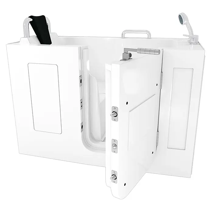 AcquaVapore Badewanne Fertigdusche S07-C-R - 140 x 76 cm, Acryl, Weiß - Weiße barrierefreie Badewanne mit offener Tür, Sitz, Kopfstütze und Handbrause für zugängliches Baden.