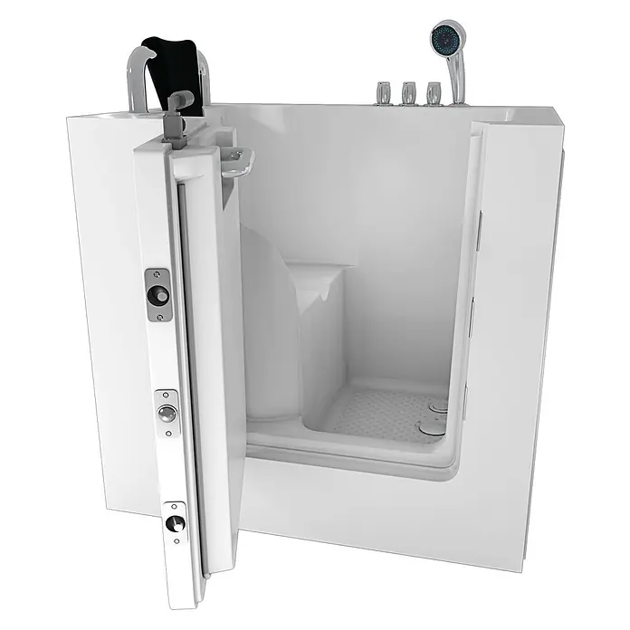 AcquaVapore Badewanne Fertigdusche S02-TH-C-L - 100 x 78 cm, Acryl, Weiß - Weiße barrierefreie Badewanne mit offener Seitentür, innenliegendem Sitz, rutschfestem Boden, Chrom-Duschkopf und Armaturen für zugängliches Baden.