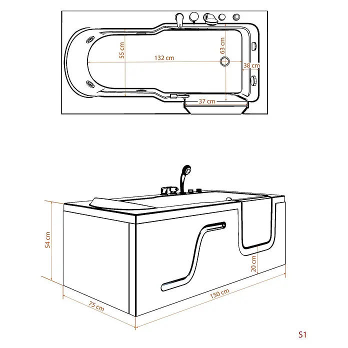 AcquaVapore Badewanne Fertigdusche S17-L - 150 x 75 cm, Acryl, Weiß - Weiße, begehbare Badewanne mit Haltegriff und Sitz, 150 cm L x 75 cm B x 54 cm H, mit Einstiegstür.