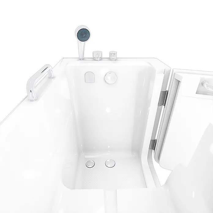 AcquaVapore Badewanne Fertigdusche S07-C-R - 140 x 76 cm, Acryl, Weiß - Weiße barrierefreie Badewanne mit offener Tür, Handbrause, zwei Bedienknöpfen und Haltegriff für barrierefreies Baden.