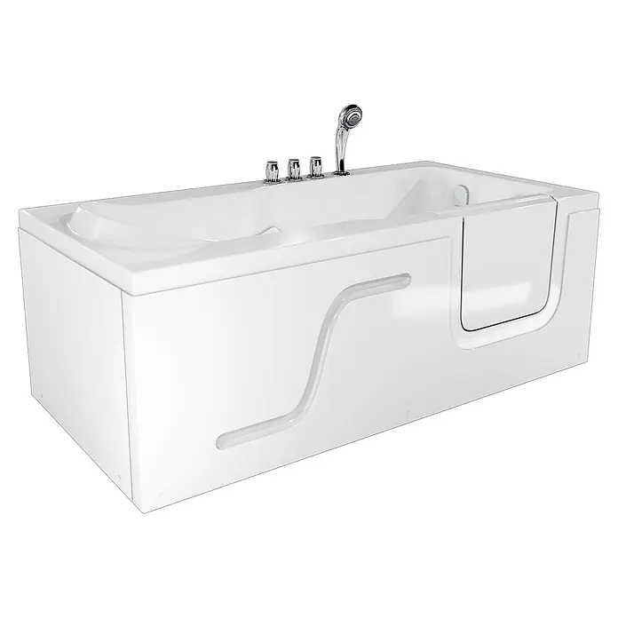AcquaVapore Badewanne Fertigdusche S17-TH-L - 150 x 75 cm, Acryl, Weiß - Weiße barrierefreie Badewanne mit integriertem Sitz, Seitentür, Haltegriff und Chromarmatur mit Handbrause.