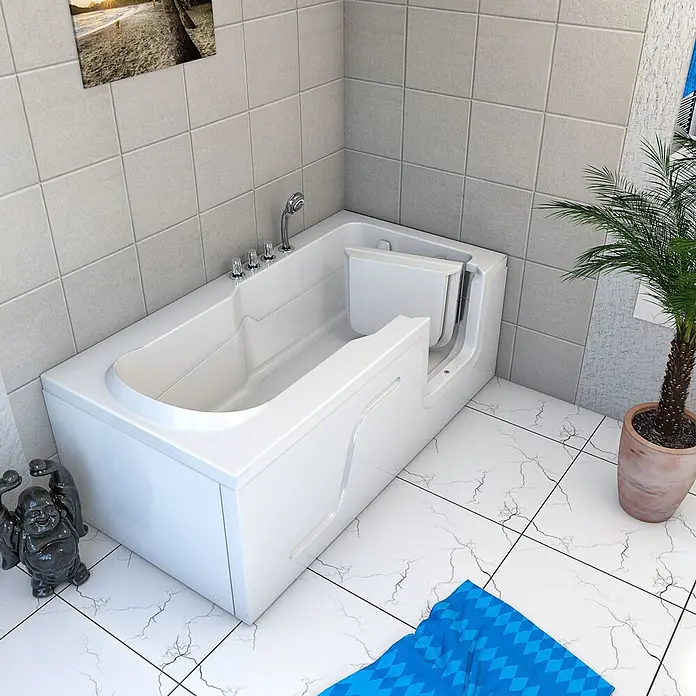 AcquaVapore Badewanne Fertigdusche S17-TH-L - 150 x 75 cm, Acryl, Weiß - Weiße begehbare Badewanne mit leicht zugänglicher Tür in einem modernen Badezimmer.