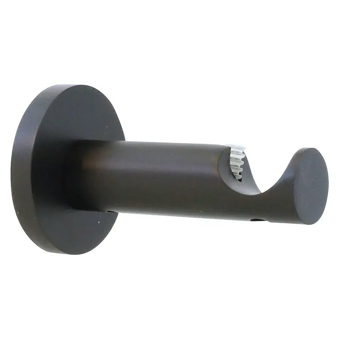 Expo Ambiente Träger Function - Schwarzbraun, Geeignet für: Gardinenstangen Ø 20 mm, 7,8 cm - Nahaufnahme einer einzelnen, bronzefarbenen Gardinenstangenhalterung vor einem neutralen Hintergrund. Die Halterung ist robust und elegant.