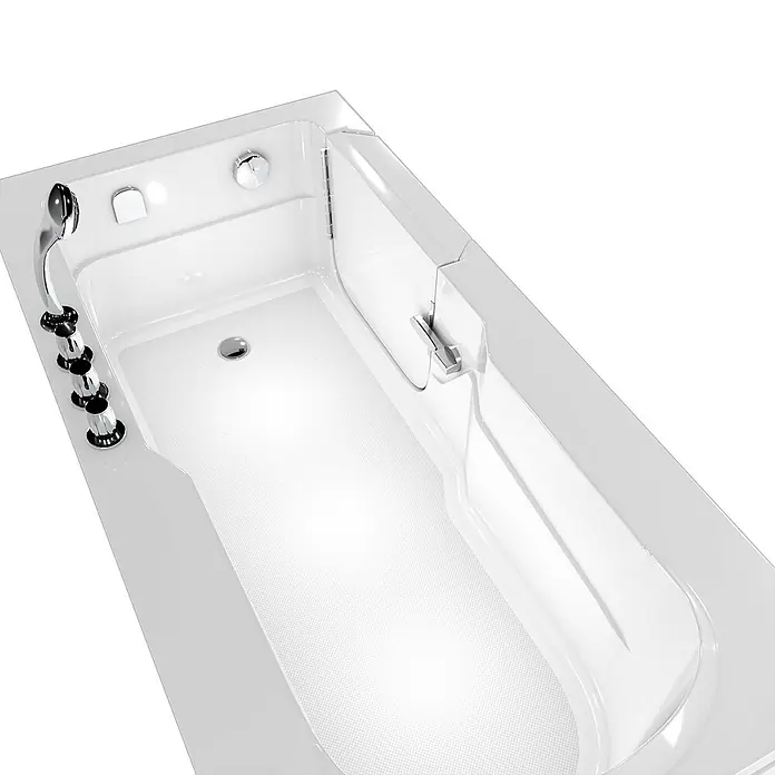 AcquaVapore Badewanne Fertigdusche S17-TH-L - 150 x 75 cm, Acryl, Weiß - Weiße, barrierefreie Badewanne mit Chromarmaturen, rutschfestem Boden und klappbarer Duschwand für einfachen Zugang.