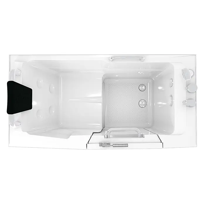AcquaVapore Badewanne Fertigdusche S07-C-R - 140 x 76 cm, Acryl, Weiß - Weiße begehbare Badewanne mit Sitz, Haltegriffen, Handbrause und Hydrotherapie-Düsen, von oben gesehen.