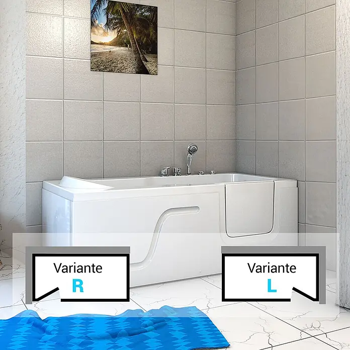AcquaVapore Badewanne Fertigdusche S17-L - 150 x 75 cm, Acryl, Weiß - Weiße, barrierefreie Badewanne mit seitlicher Einstiegstür und Chromarmaturen.
