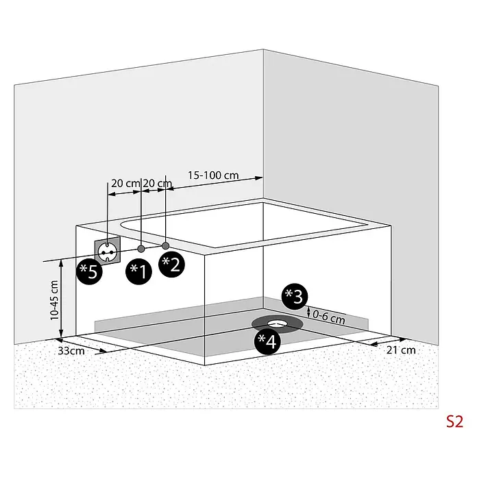 AcquaVapore Badewanne Fertigdusche S17-L - 150 x 75 cm, Acryl, Weiß - Installationsdiagramm einer Duschwanne mit Maßen für elektrische Anschlüsse und Ablaufplatzierung.