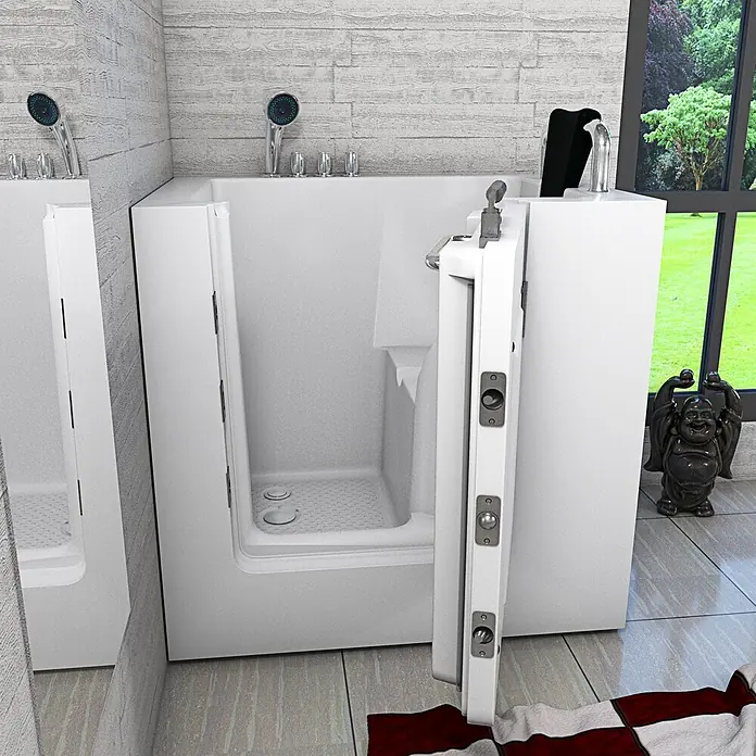 AcquaVapore Badewanne Fertigdusche S02-TH-A-R - 78 x 100 cm, Acryl, Weiß - Weiße Badewanne mit Einstiegstür und Innensitz, in einem modernen Badezimmer mit großem Fenster.