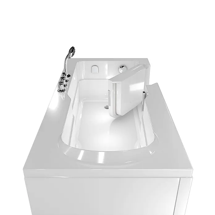 AcquaVapore Badewanne Fertigdusche S17-TH-L - 150 x 75 cm, Acryl, Weiß - Weiße barrierefreie Badewanne mit offener Tür für einfachen Einstieg, mit Chromarmaturen und Duschkopf.