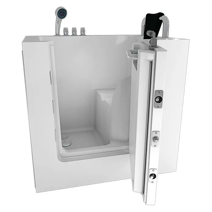 AcquaVapore Badewanne Fertigdusche S02-TH-A-R - 78 x 100 cm, Acryl, Weiß - Weiße begehbare Badewanne mit offener Tür, integriertem Sitz, Handbrause und rutschfestem Boden für barrierefreies Baden.