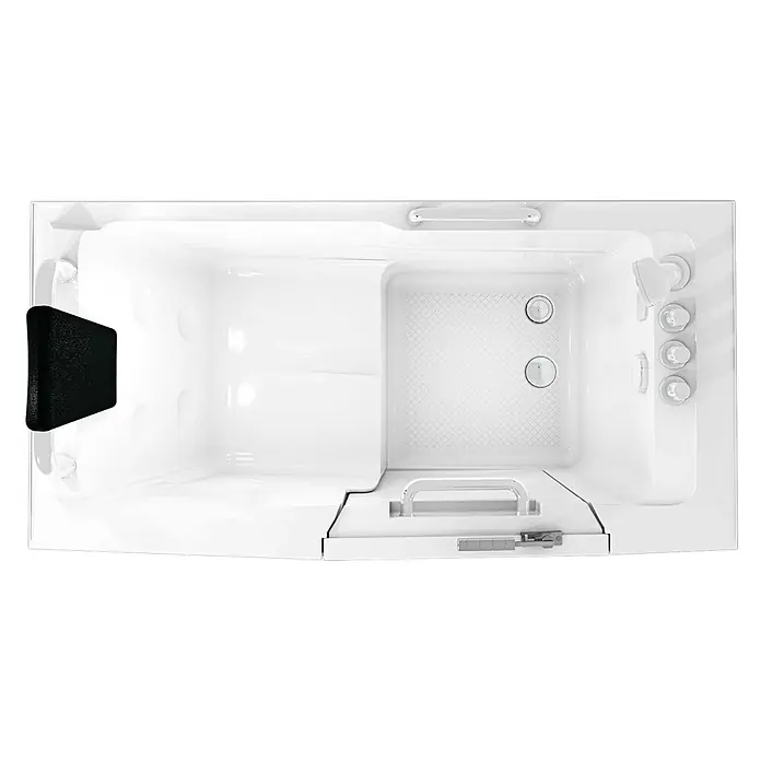AcquaVapore Badewanne Fertigdusche S07-TH-A-L - 76 x 140 cm, Acryl, Weiß - Draufsicht auf eine weiße begehbare Badewanne mit schwarzer Kopfstütze, integriertem Sitz, rutschfestem Boden, Haltegriffen und Tür mit Duscharmaturen.