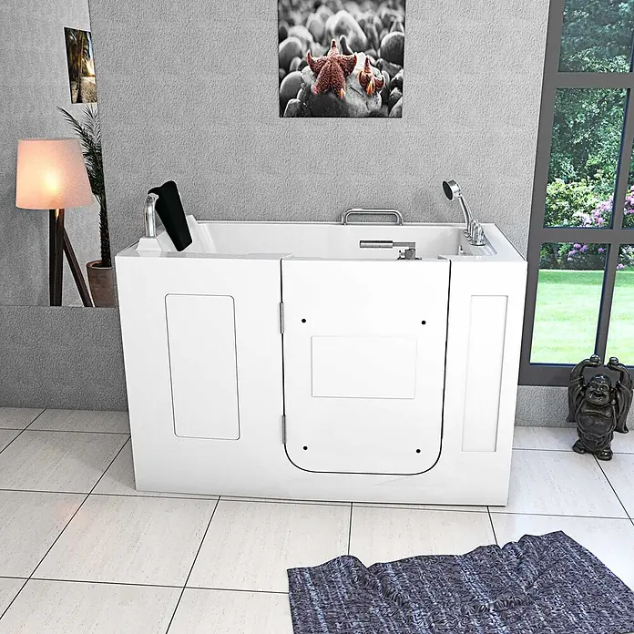 AcquaVapore Badewanne Fertigdusche S07-TH-B-L - 140 x 76 cm, Acryl, Weiß - Weiße barrierefreie Badewanne mit seitlicher Einstiegstür, integrierter Armatur und Duschkopf für komfortables Baden.