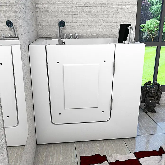 AcquaVapore Badewanne Fertigdusche S02-TH-A-R - 78 x 100 cm, Acryl, Weiß - Weißer Roll-in-Badewanne mit barrierefreier Seitentür, integrierter Duschbrause und Armatur in einem modernen Badezimmer.