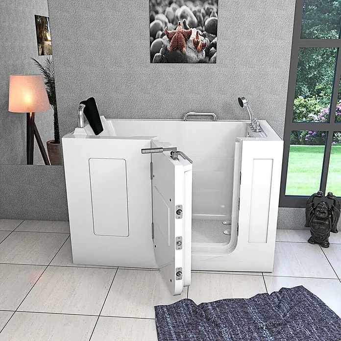 AcquaVapore Badewanne Fertigdusche S07-TH-B-L - 140 x 76 cm, Acryl, Weiß - Weiße Badewanne mit seitlicher Tür, integrierter Duschbrause und Haltegriffen für barrierefreies Baden.