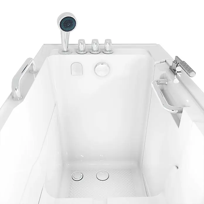 AcquaVapore Badewanne Fertigdusche S07-TH-A-L - 76 x 140 cm, Acryl, Weiß - Weiße begehbare Badewanne mit Chromarmaturen, integrierter Handbrause und Haltegriffen für barrierefreies Baden.