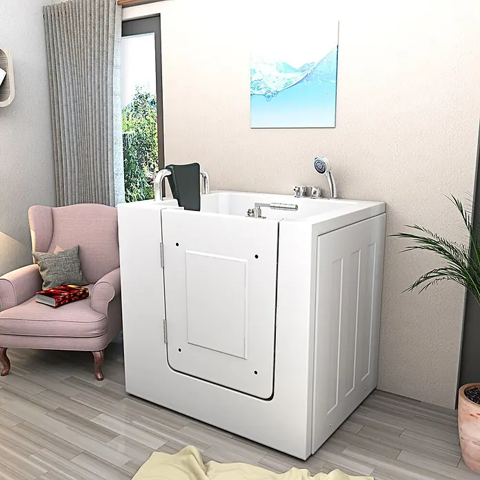AcquaVapore Badewanne Fertigdusche S02-B-L - 100 x 78 cm, Acryl, Weiß - Eine weiße Einstiegswanne mit seitlicher Zugangstür, integriertem Sitz und Brausekopf, für Barrierefreiheit konzipiert.