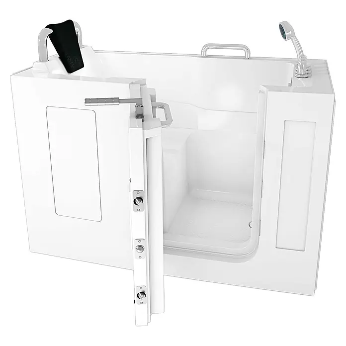AcquaVapore Badewanne Fertigdusche S07-TH-A-L - 76 x 140 cm, Acryl, Weiß - Weiße begehbare Badewanne mit offener Tür, rutschfestem Boden, Haltegriffen und Handbrause für barrierefreies Baden.