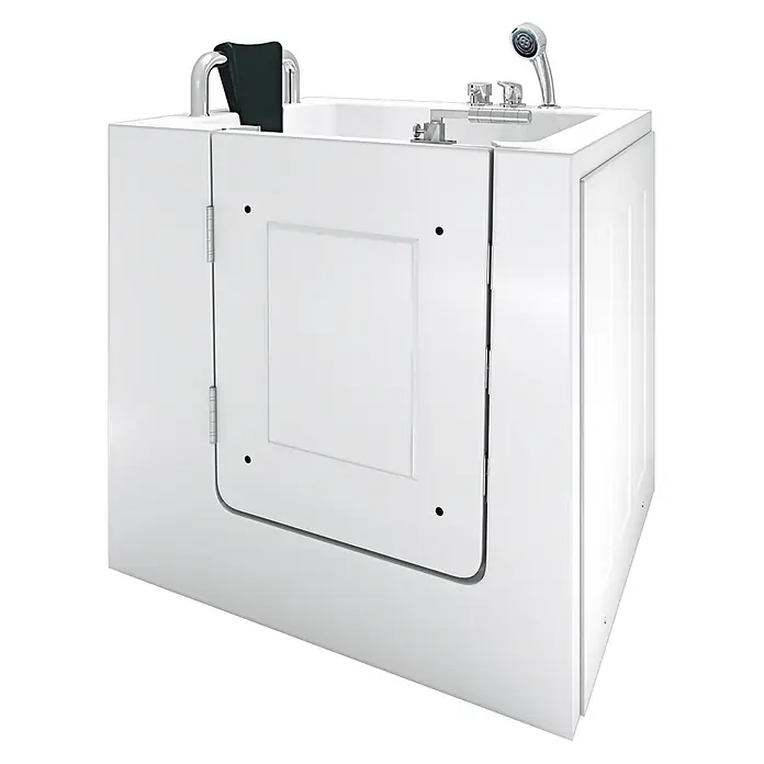 AcquaVapore Badewanne Fertigdusche S02-A-L - 78 x 100 cm, Acryl, Weiß - Weiße barrierefreie Badewanne mit Seitentür, Duschkopf, Armaturen und schwarzem Haltegriff.