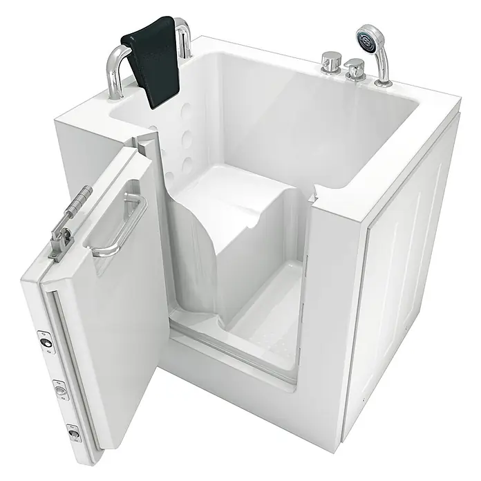 AcquaVapore Badewanne Fertigdusche S02-A-L - 78 x 100 cm, Acryl, Weiß - Weiße barrierefreie Badewanne mit offener Tür, integriertem Sitz, Haltegriff und Handbrause.