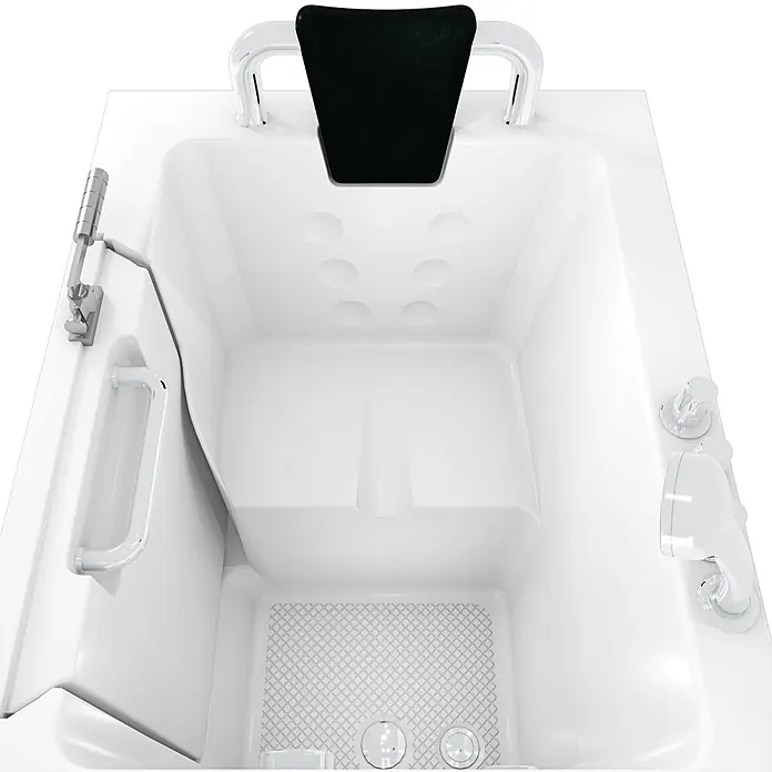 AcquaVapore Badewanne Fertigdusche S02-A-L - 78 x 100 cm, Acryl, Weiß - Weiße barrierefreie Badewanne mit Sitz, schwarzer Kopfstütze, Haltegriffen, rutschfestem Boden und Duscharmaturen.