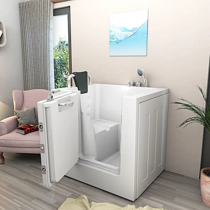 AcquaVapore Badewanne Fertigdusche S02-B-L - 100 x 78 cm, Acryl, Weiß - Weiße begehbare Badewanne mit offener Tür und integriertem Sitz, für barrierefreies Baden.