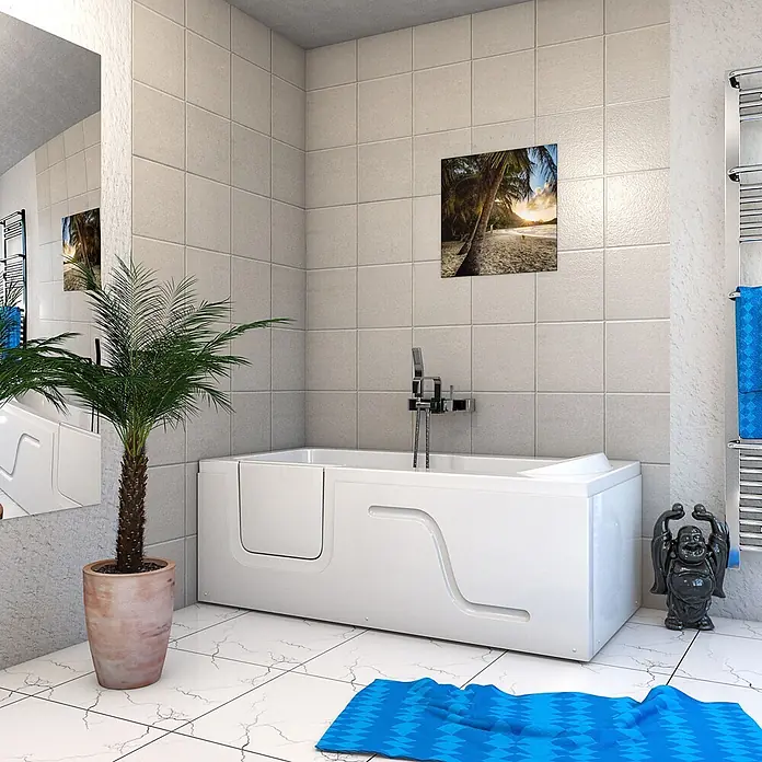 AcquaVapore Badewanne Fertigdusche S17-R - 75 x 150 cm, Acryl, Weiß - Weiße begehbare Badewanne mit Zugangstür, in einem gefliesten Badezimmer für verbesserte Zugänglichkeit installiert.