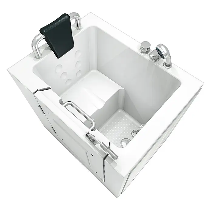 AcquaVapore Badewanne Fertigdusche S02-A-L - 78 x 100 cm, Acryl, Weiß - Weiße, barrierefreie Badewanne mit Einstieg, integriertem Sitz, Haltegriffen, schwarzer Kopfstütze und Chromarmaturen mit Handbrause.