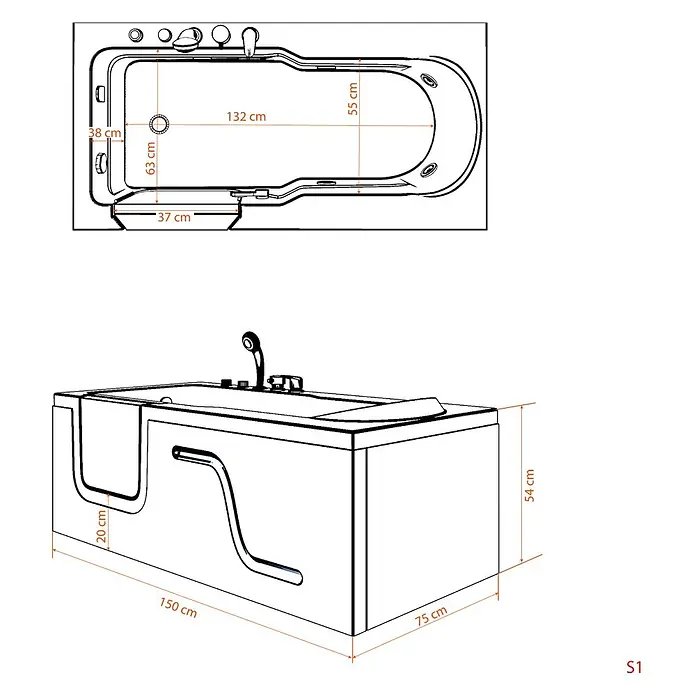 AcquaVapore Badewanne Fertigdusche S17-TH-R - 75 x 150 cm, Acryl, Weiß - Strichzeichnung einer weißen Badewanne mit Einstiegstür, integrierter Armatur und Brause, mit detaillierten Maßen.
