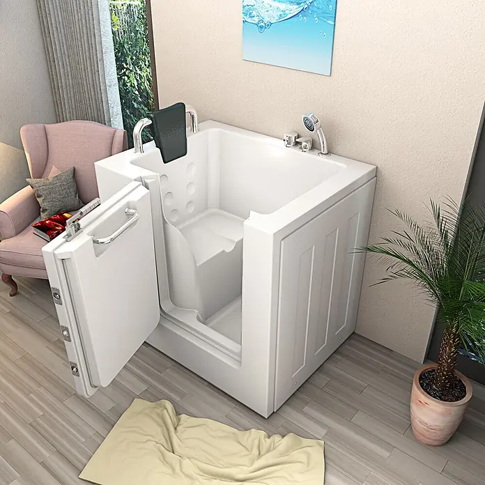 AcquaVapore Badewanne Fertigdusche S02-B-L - 100 x 78 cm, Acryl, Weiß - Eine weiße Badewanne mit Tür, offener Tür und integriertem Sitz, die barrierefreies und komfortables Baden in einem Raum bietet.