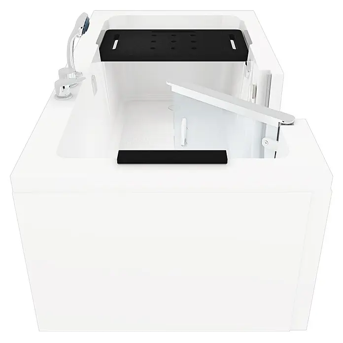 AcquaVapore Badewanne Fertigdusche S15-EH-L - Acryl - Weiße barrierefreie Badewanne mit schwarzer rutschfester Sitzfläche, Handbrause und klarer Zugangstür.