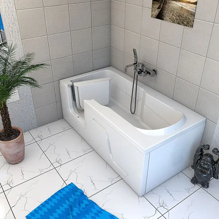 AcquaVapore Badewanne Fertigdusche S17-R - 75 x 150 cm, Acryl, Weiß - Weiße barrierefreie Badewanne mit integriertem Sitz für einfachen Zugang und komfortables Baden in einem modernen Badezimmer.