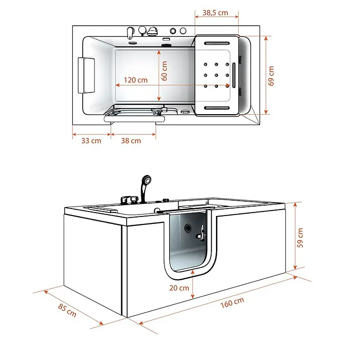 AcquaVapore Badewanne Fertigdusche S15-EH-L - Acryl - Weiße barrierefreie Badewanne mit integriertem Sitz und Düsen, detaillierte Maße in Draufsicht und isometrischer Ansicht.
