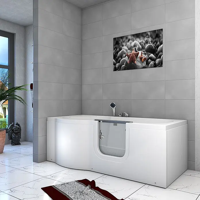AcquaVapore Badewanne Fertigdusche S12-EH-R - 85 x 170 cm, Acryl, Weiß - Weiß zugängliche begehbare Badewanne mit klarer Glastür, in einem modernen Fliesenbad.