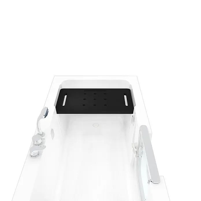AcquaVapore Badewanne Fertigdusche S15-EH-L - Acryl - Weiße begehbare Badewanne mit schwarzem Antirutsch-Badesitz, Chromarmaturen und Handbrause, für barrierefreies Baden.